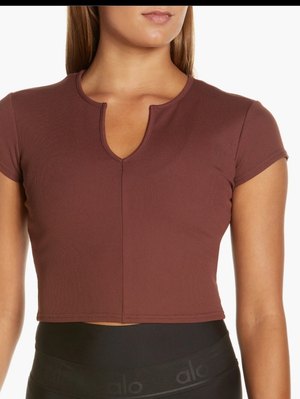-Alo Yoga Savvy Short Sleeve Rib, Crop Top,   Brown, Size S.